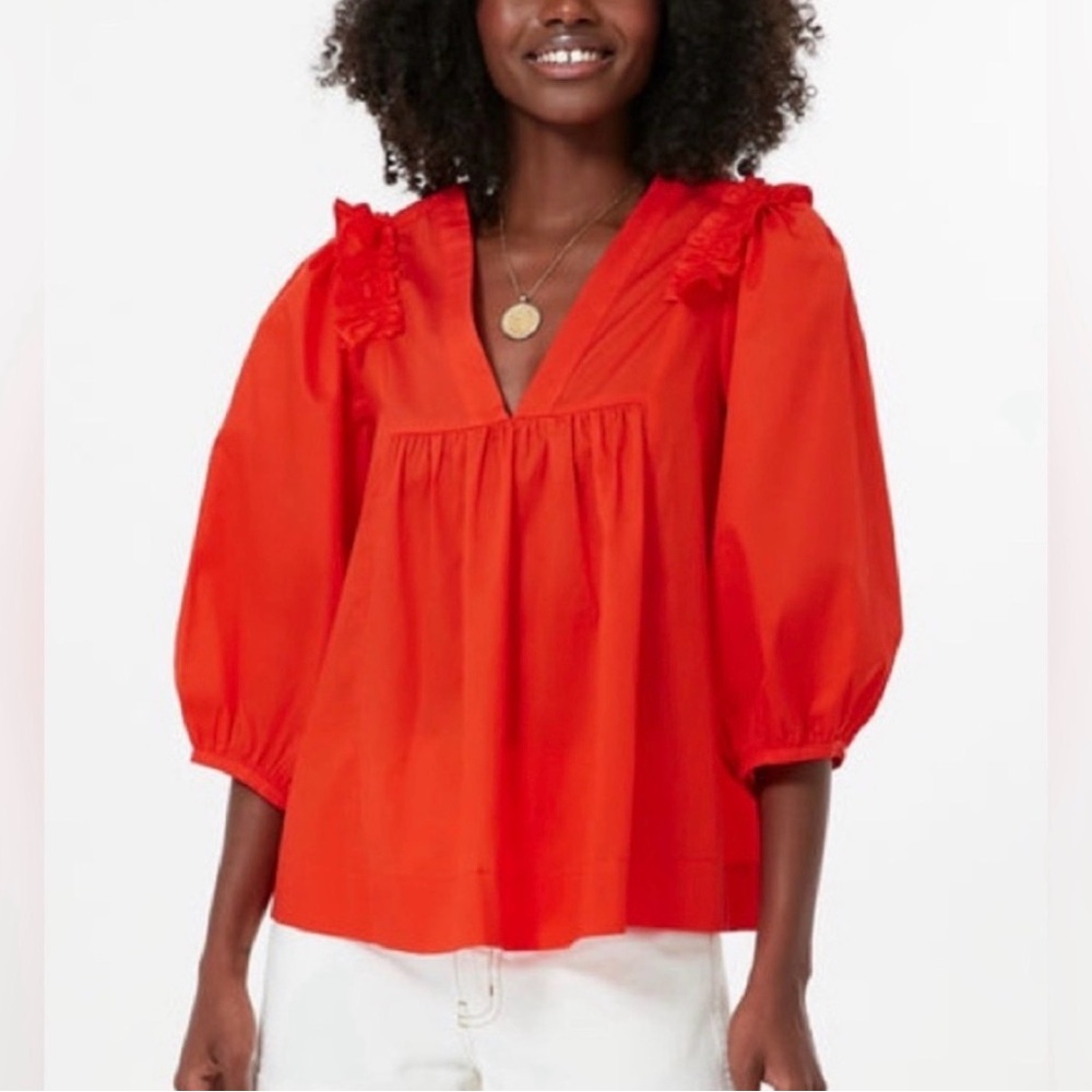 Harshman Women's Orange V-Neck Ruffle Sleeve Top